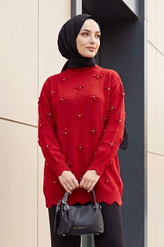 Taşlı Ponpon Detaylı Asimetrik Kesim Triko Tunik -Kırmızı