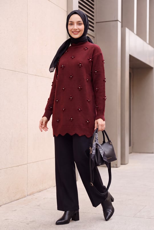Taşlı Ponpon Detaylı Asimetrik Kesim Triko Tunik -Koyu Bordo