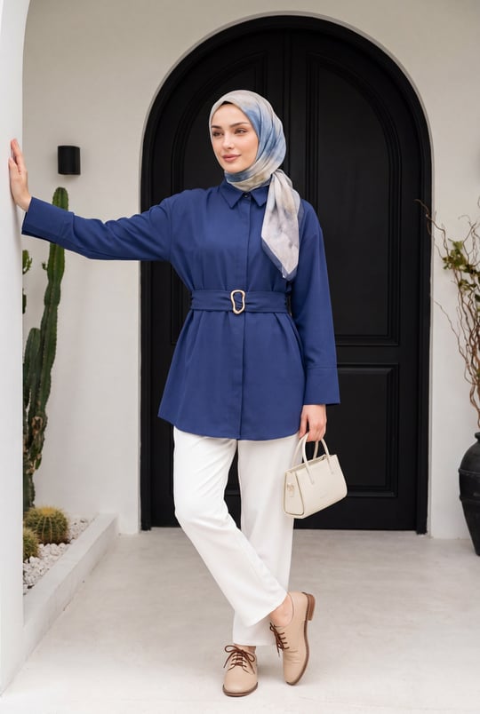 Tokalı Kemerli Duble Manşet Kol Gizli Düğmeli Poplin Tunik -Lacivert