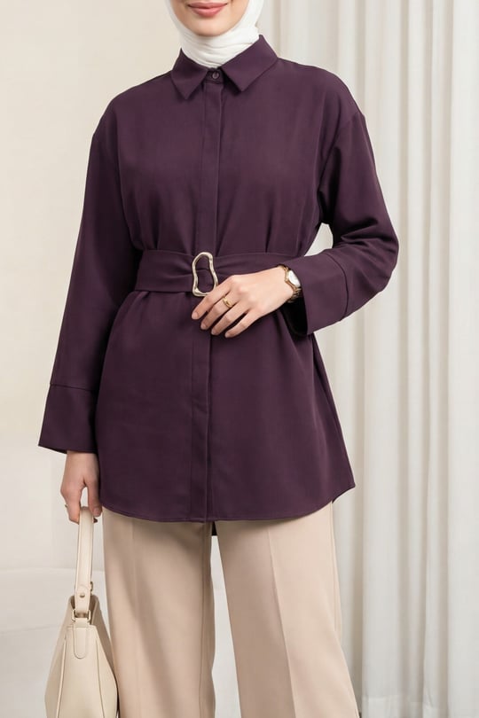 Tokalı Kemerli Duble Manşet Kol Gizli Düğmeli Poplin Tunik -Mürdüm
