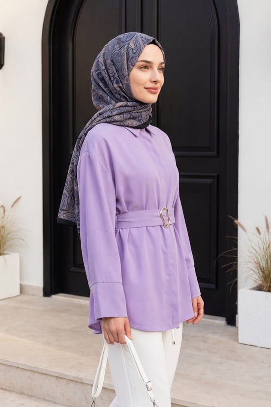 Tokalı Kemerli Duble Manşet Kol Gizli Düğmeli Poplin Tunik -Lila