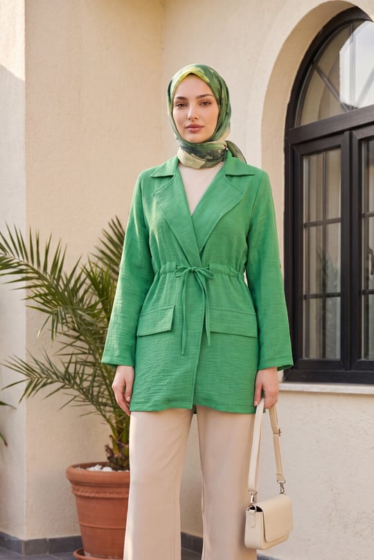 Tünel Bağcıklı Cep Detaylı Keten Görünümlü Kimono -Acık Yeşil