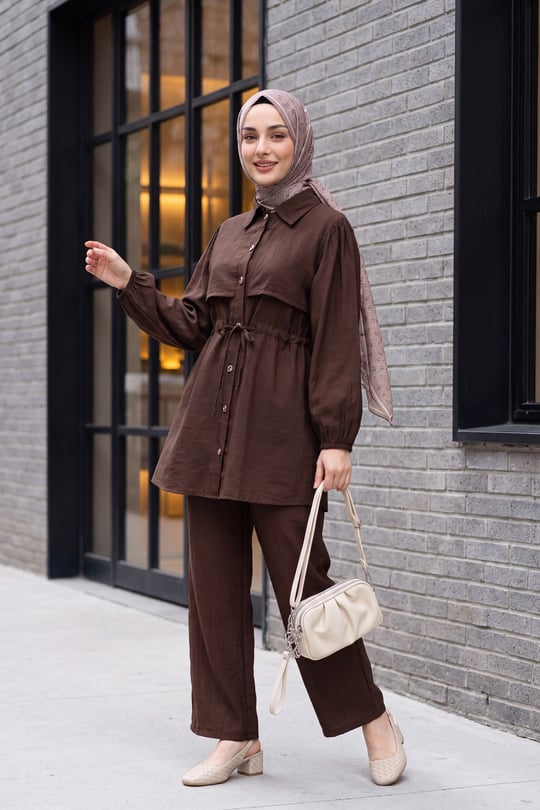 Womens Drawstring-Channel Drawstring Sleeve Elastic-Waist Pants Strawberry Set - Dark Brown
