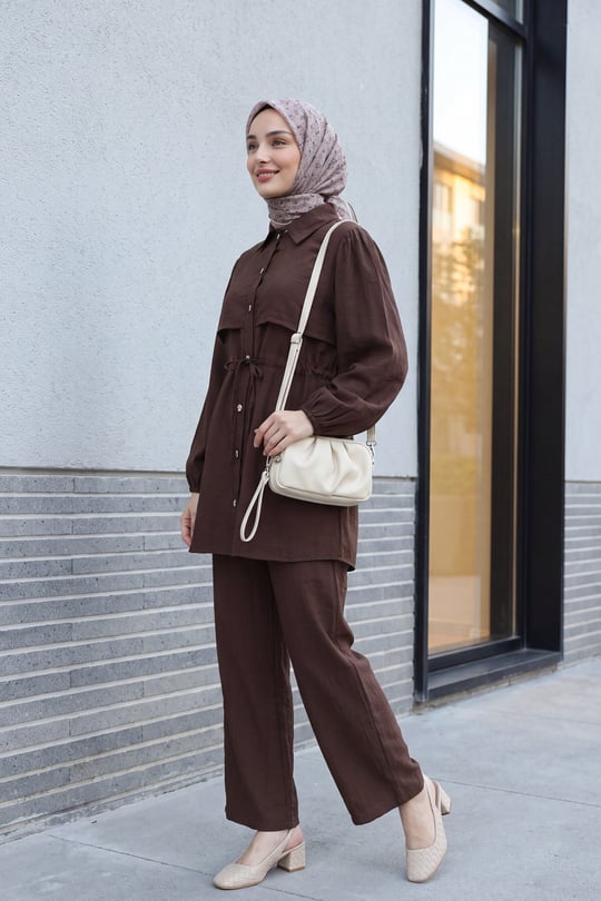 Womens Drawstring-Channel Drawstring Sleeve Elastic-Waist Pants Strawberry Set - Dark Brown