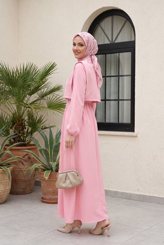 Üstü Gömlek Detaylı Elbise Takım    -Pembe