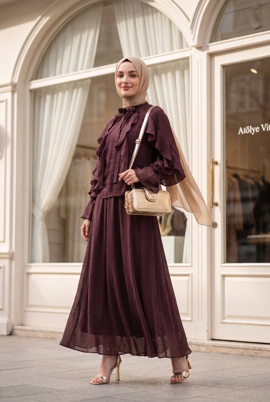 Yakası Bağlamalı Önü Fırfırlı Astarlı Tül Modal Takım -Mürdüm