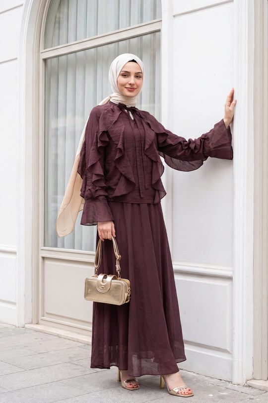 Yakası Bağlamalı Önü Fırfırlı Astarlı Tül Modal Takım -Mürdüm