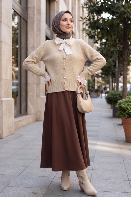 Womens Neckline Scarf Drawstring Sleeve Cuff Slit Tulle Detail Button-Front Soft Knit Cardigan - Beige