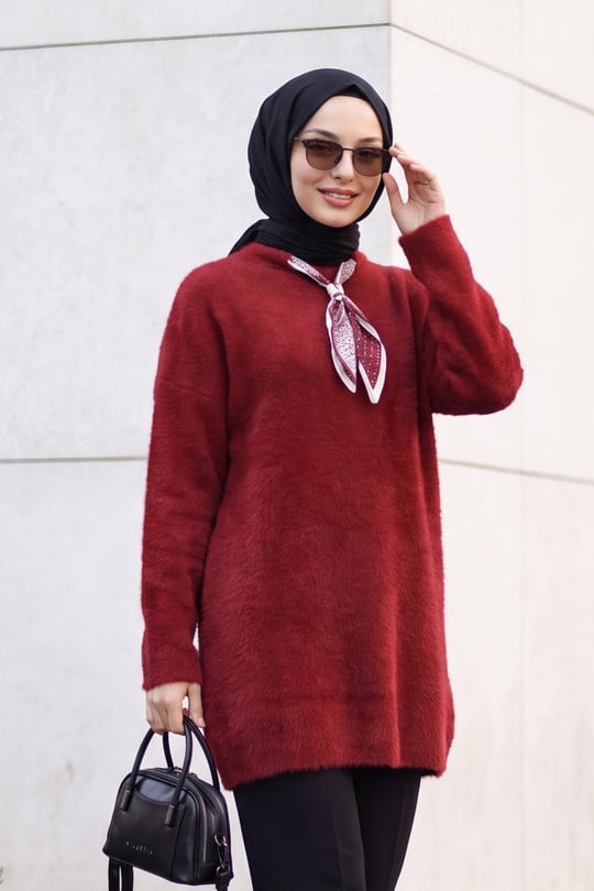 Yakası Fular Detaylı Yumoş Triko Tunik -Bordo