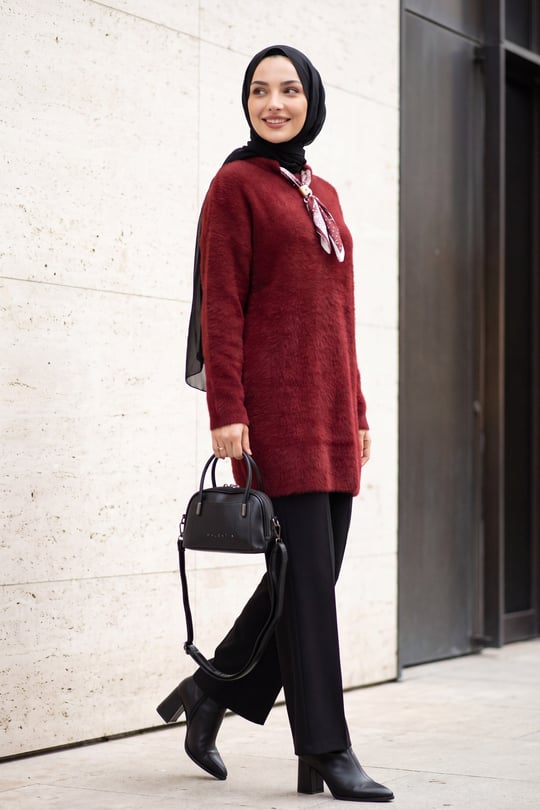 Yakası Fular Detaylı Yumoş Triko Tunik -Bordo