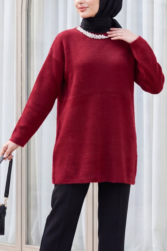 Yakası İnci Detaylı Yumoş Triko Tunik  -Bordo
