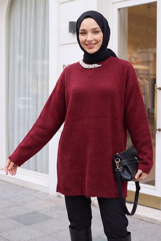 Yakası İnci Detaylı Yumoş Triko Tunik  -Bordo