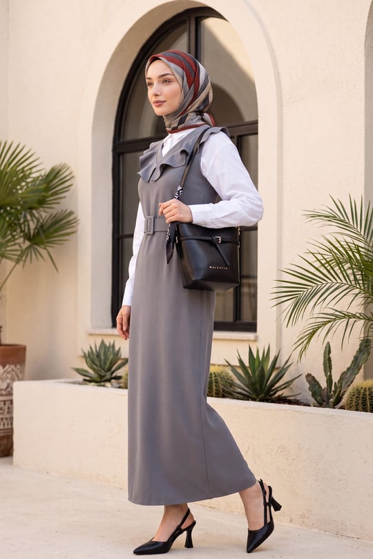 Womens Neckline V Belted Long Pinafore Dress - Dark Gray