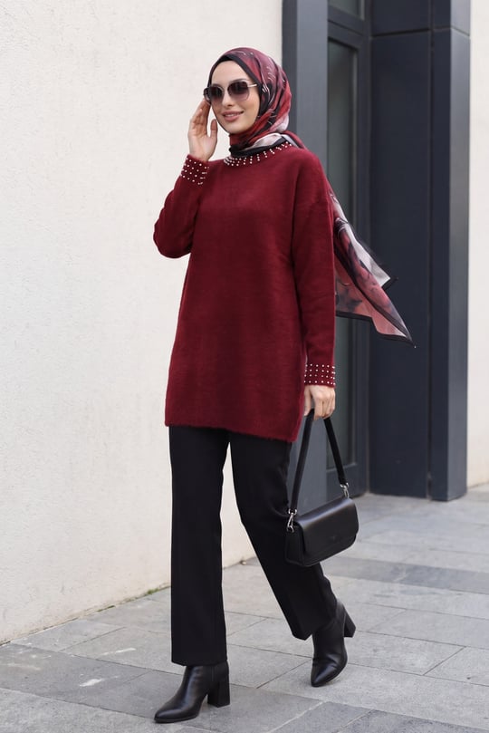 Yakası Ve Kolu İncili Sakallı Salaş Triko Tunik -Bordo