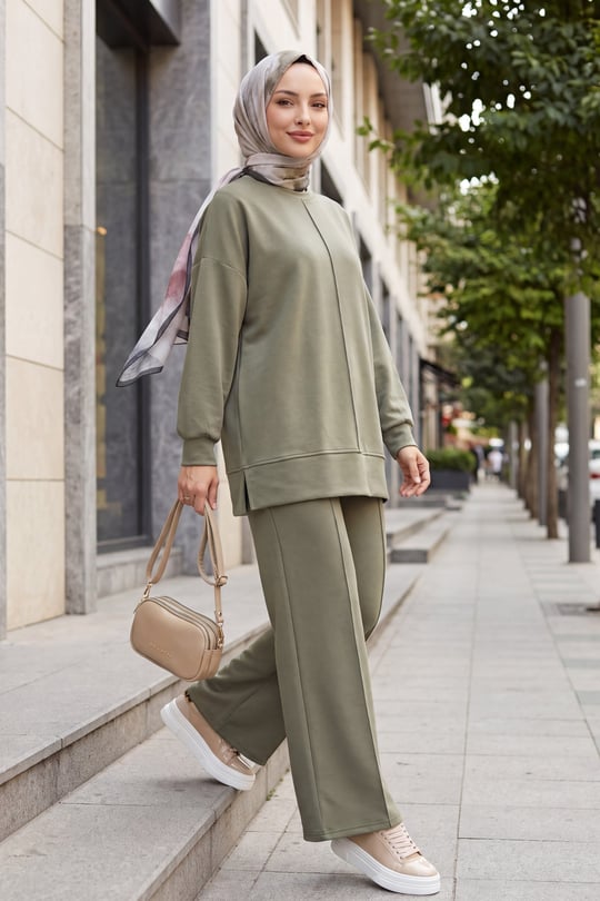 Womens Sides Slit Front Topstitched Pants Oysho Set - Olive Green