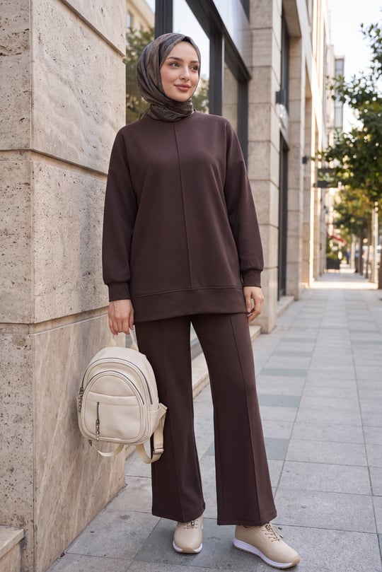 Womens Sides Slit Front Topstitched Pants Oysho Set - Dark Brown