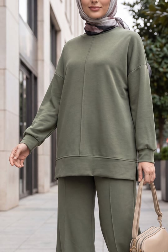 Womens Sides Slit Front Topstitched Pants Oysho Set - Olive Green