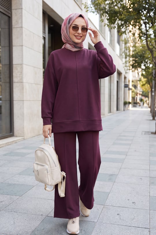 Womens Sides Slit Front Topstitched Pants Oysho Set - Plum
