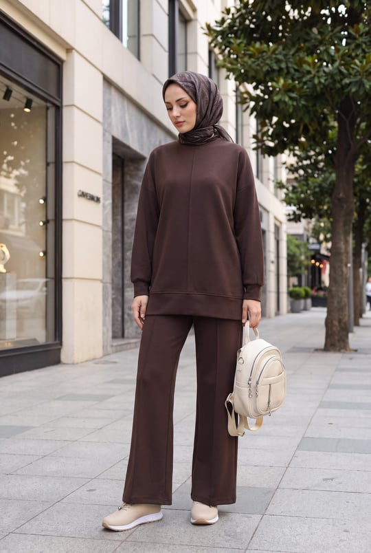 Womens Sides Slit Front Topstitched Pants Oysho Set - Dark Brown
