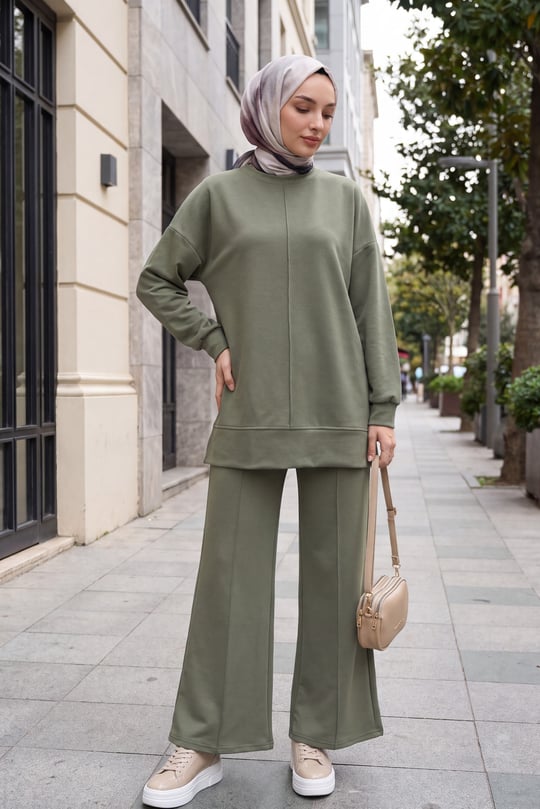 Womens Sides Slit Front Topstitched Pants Oysho Set - Olive Green