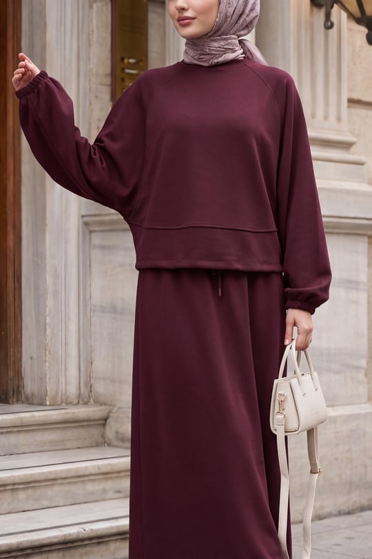 Womens Batwing-Sleeve Elastic-Waist Crew-Neck Skirted Oysho Set - Plum