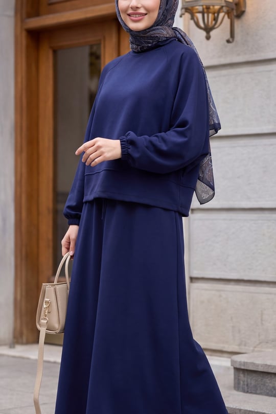 Womens Batwing-Sleeve Elastic-Waist Crew-Neck Skirted Oysho Set - Navy