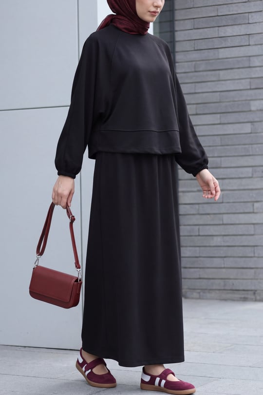 Womens Batwing-Sleeve Elastic-Waist Crew-Neck Skirted Oysho Set - Black