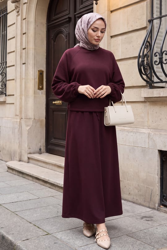 Womens Batwing-Sleeve Elastic-Waist Crew-Neck Skirted Oysho Set - Plum