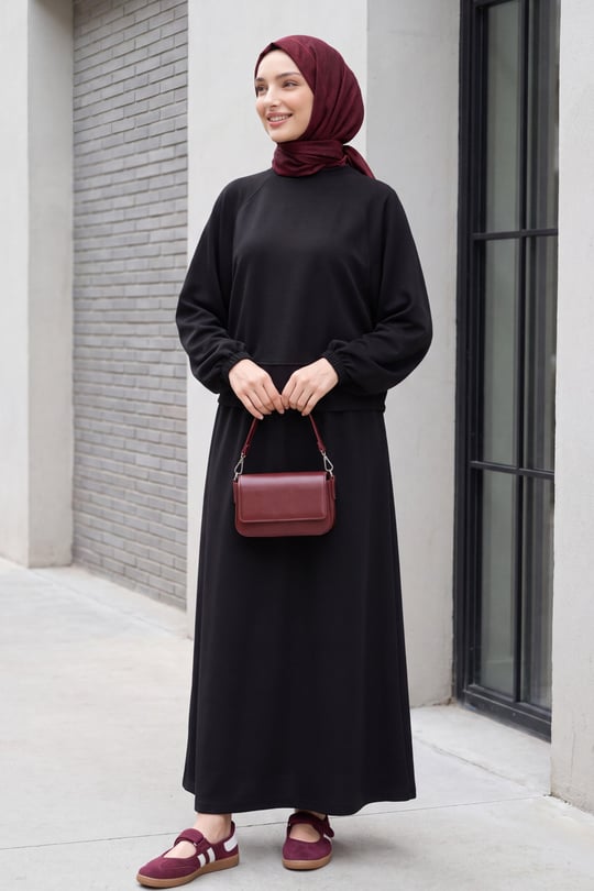 Womens Batwing-Sleeve Elastic-Waist Crew-Neck Skirted Oysho Set - Black