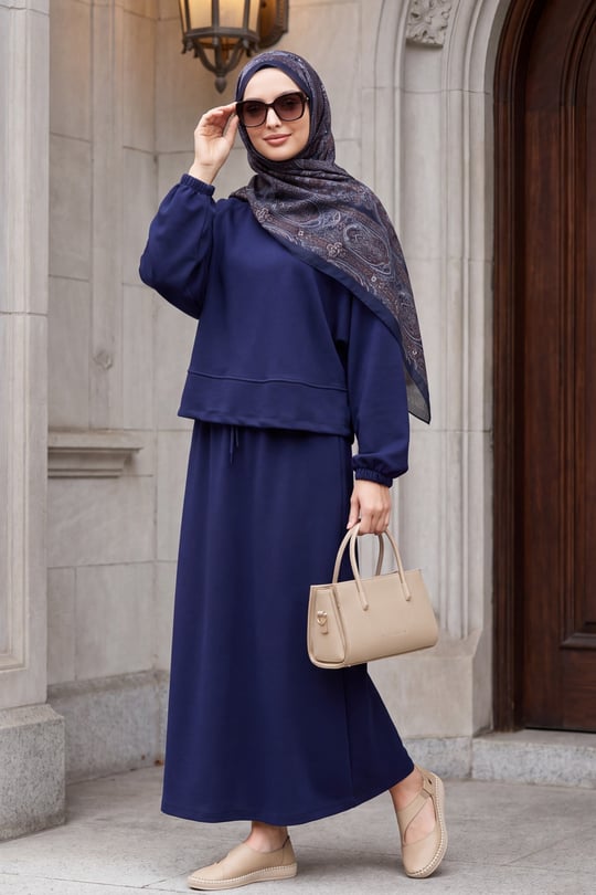 Womens Batwing-Sleeve Elastic-Waist Crew-Neck Skirted Oysho Set - Navy