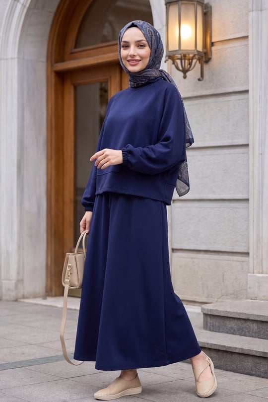 Womens Batwing-Sleeve Elastic-Waist Crew-Neck Skirted Oysho Set - Navy