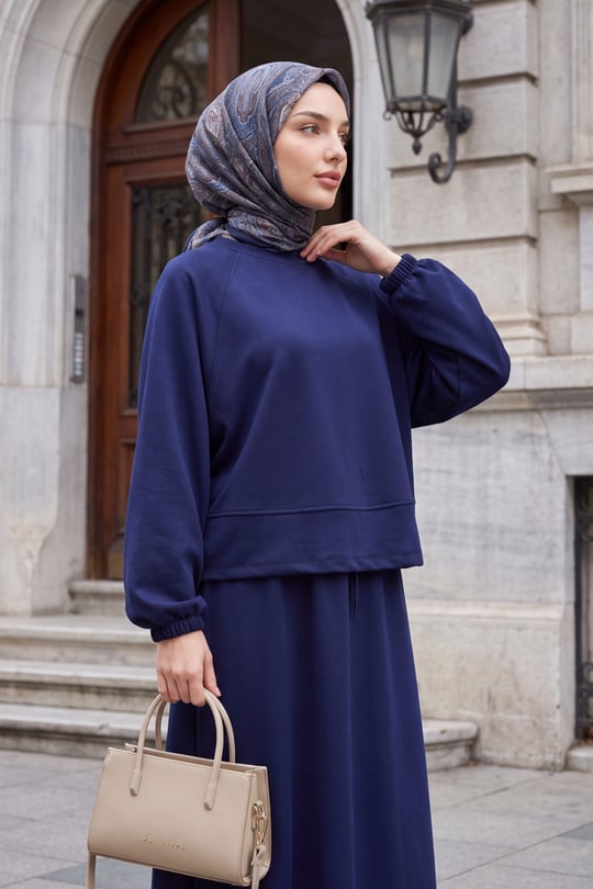 Womens Batwing-Sleeve Elastic-Waist Crew-Neck Skirted Oysho Set - Navy