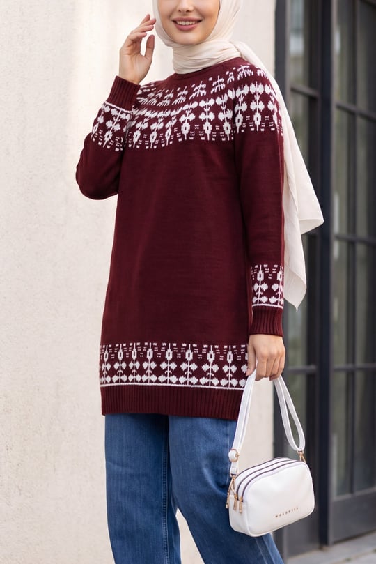Womens Mock-Neck Patterned Knit Sweater - Burgundy