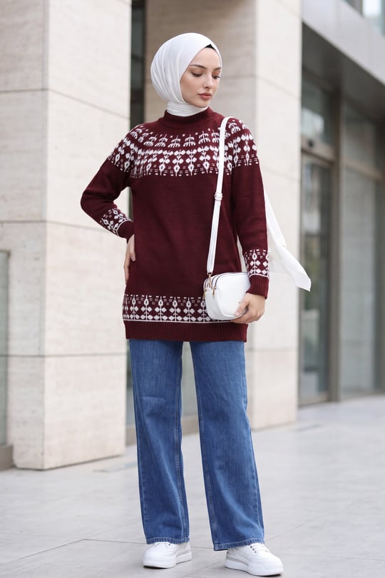 Womens Mock-Neck Patterned Knit Sweater - Burgundy