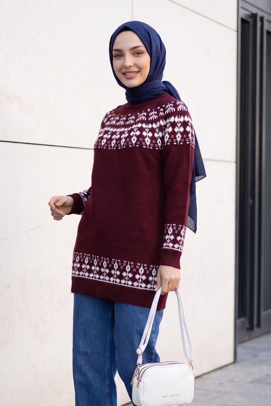Womens Mock-Neck Patterned Knit Sweater - Burgundy