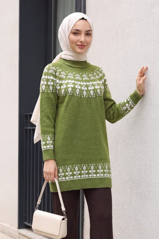 Womens Mock-Neck Patterned Knit Sweater - Khaki