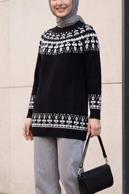 Womens Mock-Neck Patterned Knit Sweater - Black