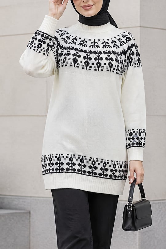 Womens Mock-Neck Patterned Knit Sweater - White