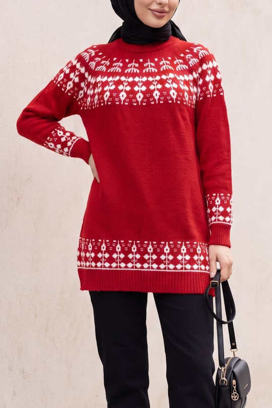 Womens Mock-Neck Patterned Knit Sweater - Red