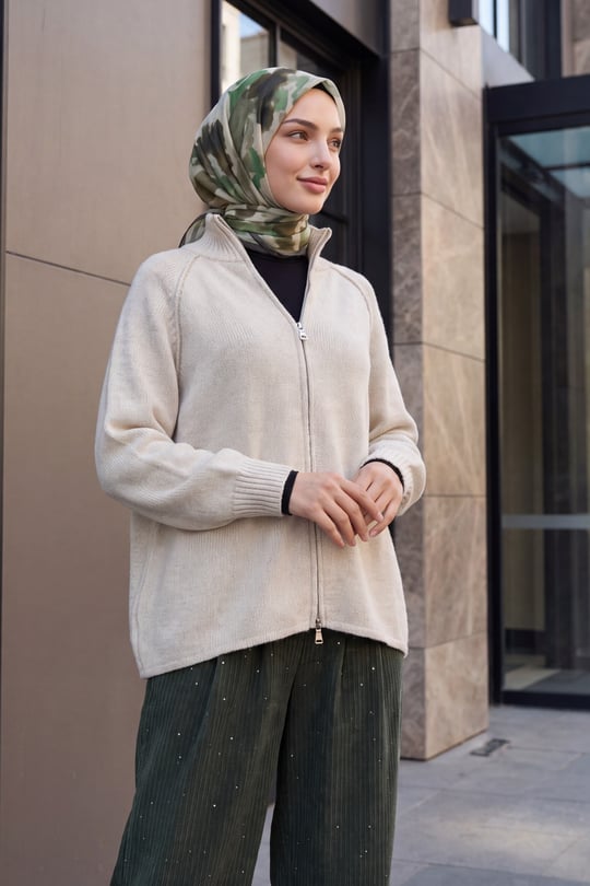 Womens Mock-Neck Zip-Up Seam Detail Knit Cardigan - Cream