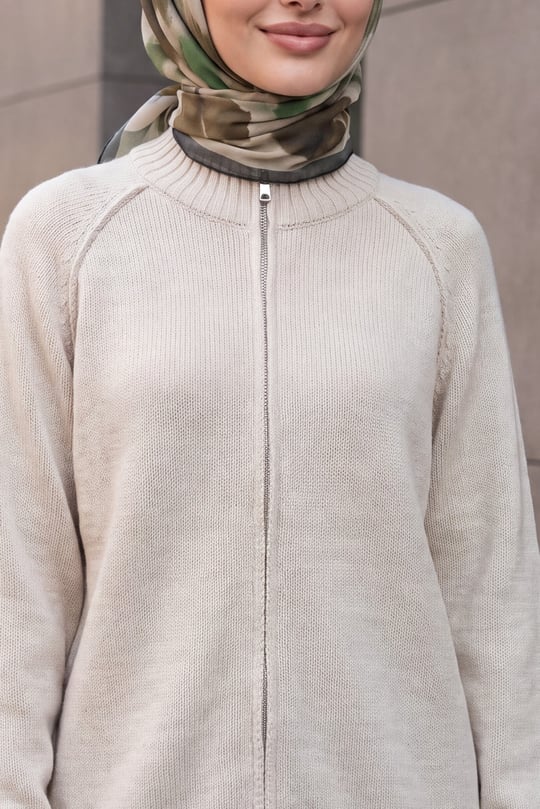 Womens Mock-Neck Zip-Up Seam Detail Knit Cardigan - Cream