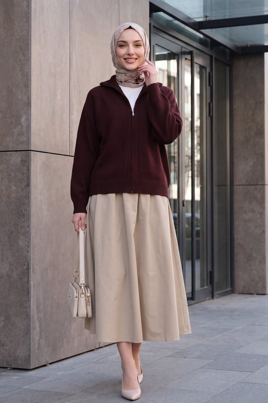 Womens Mock-Neck Zip-Up Seam Detail Knit Cardigan - Burgundy