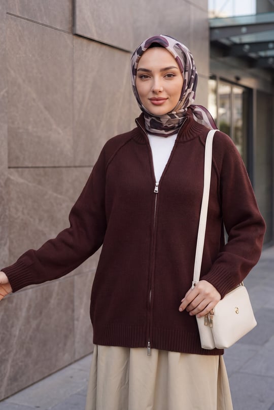 Womens Mock-Neck Zip-Up Seam Detail Knit Cardigan - Burgundy