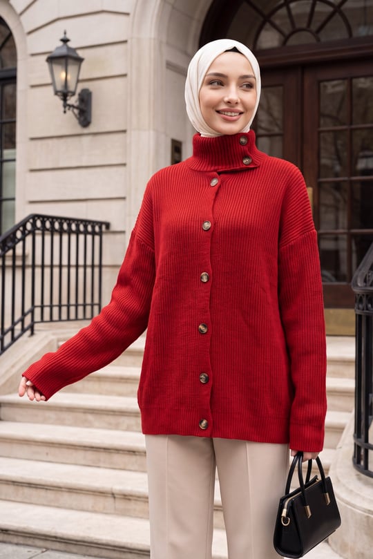 Womens Mock-Neck Front Button-Front Relaxed Knit Cardigan - Red