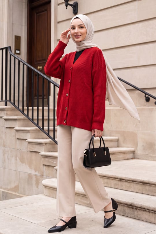 Womens Mock-Neck Front Button-Front Relaxed Knit Cardigan - Red