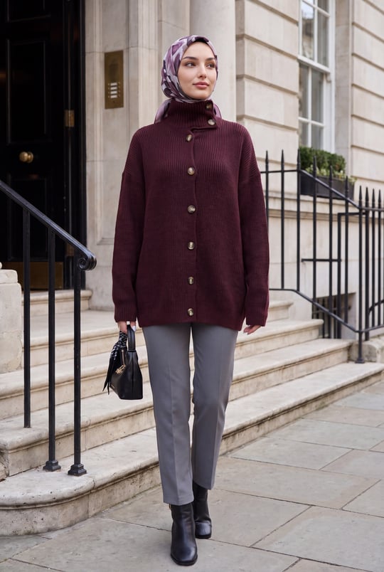 Womens Mock-Neck Front Button-Front Relaxed Knit Cardigan - Burgundy