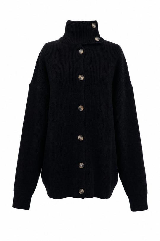 Womens Mock-Neck Front Button-Front Relaxed Knit Cardigan - Black
