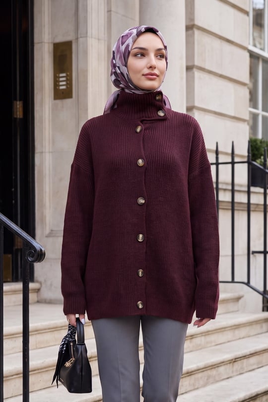 Womens Mock-Neck Front Button-Front Relaxed Knit Cardigan - Burgundy
