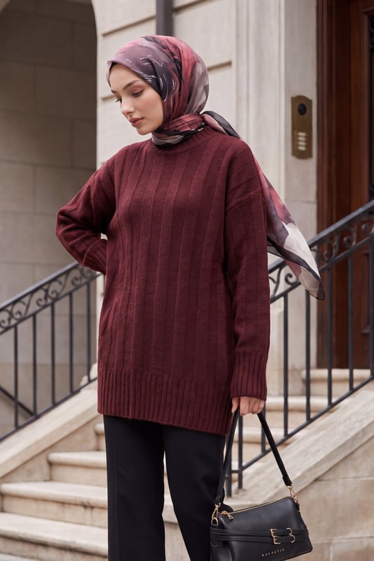Yarım Boğazlı Şerit Desenli Yumoş Triko Kazak  -Bordo