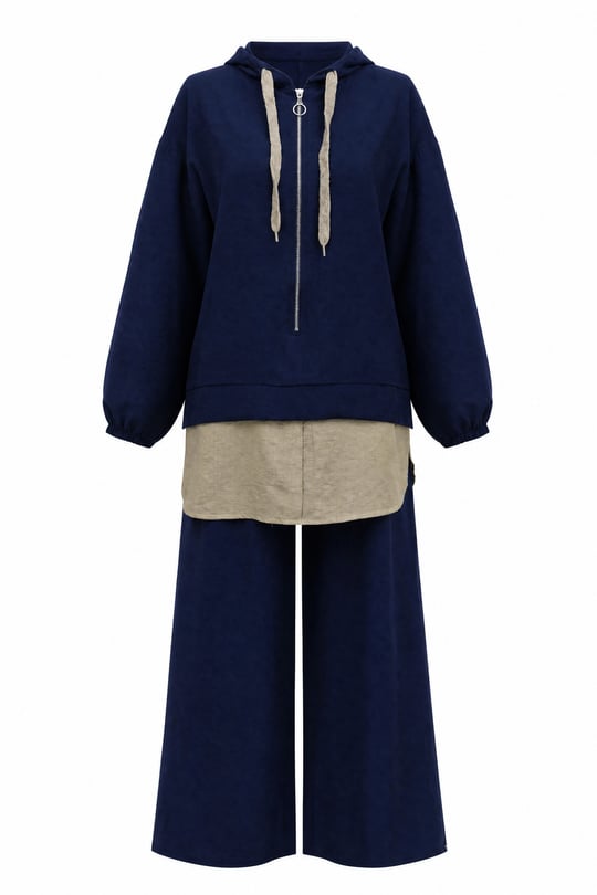 Womens Half-Zip Hooded Elastic-Cuff Wide-Leg Pants Strawberry Set - Navy